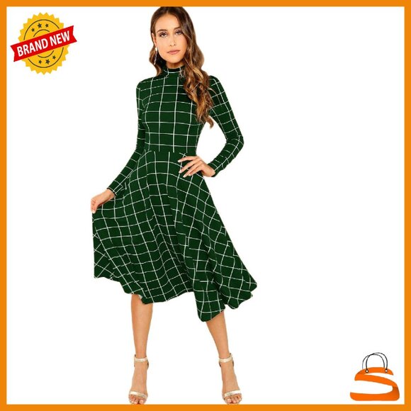Dresses & Skirts - High Neck Long Sleeve Fit & Flare Midi Dress Elastic Fabric Sizes XS-XXL